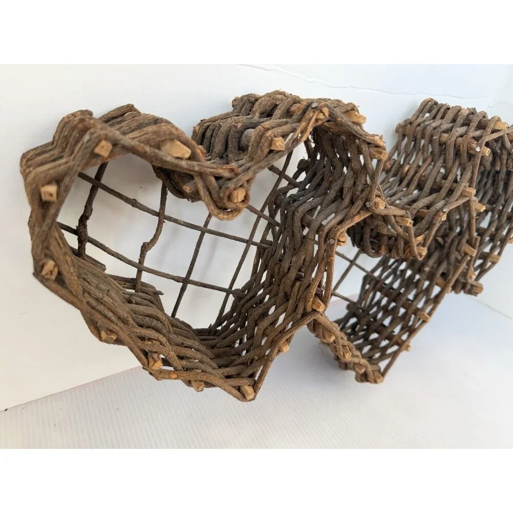 Vintage Grapevine Triple Heart Wall Hanging Basket Wicker Wood Farmhouse Decor